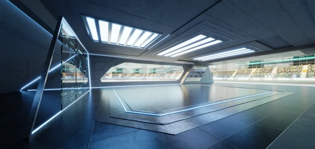 
3D rendering Futuristic garage showing racetrack and digital displays