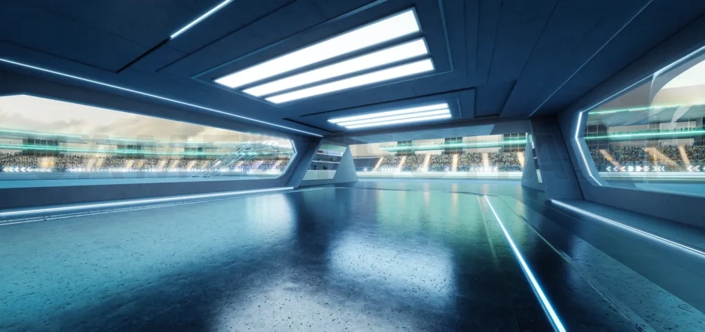 
3D rendering Futuristic garage opening on racetrack with spectators