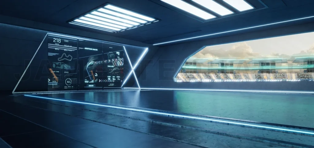 
3D rendering Futuristic garage showing race statistics and racetrack outside