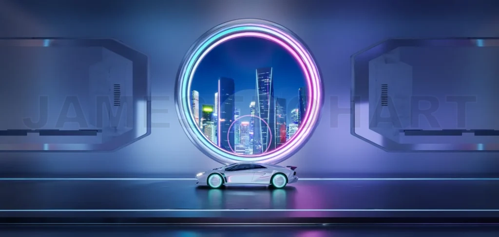 
3DEV smart car in front of a neon-lit portal