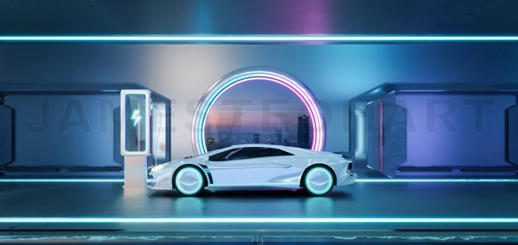 
3D Futuristic electric car at charging station with neon lights