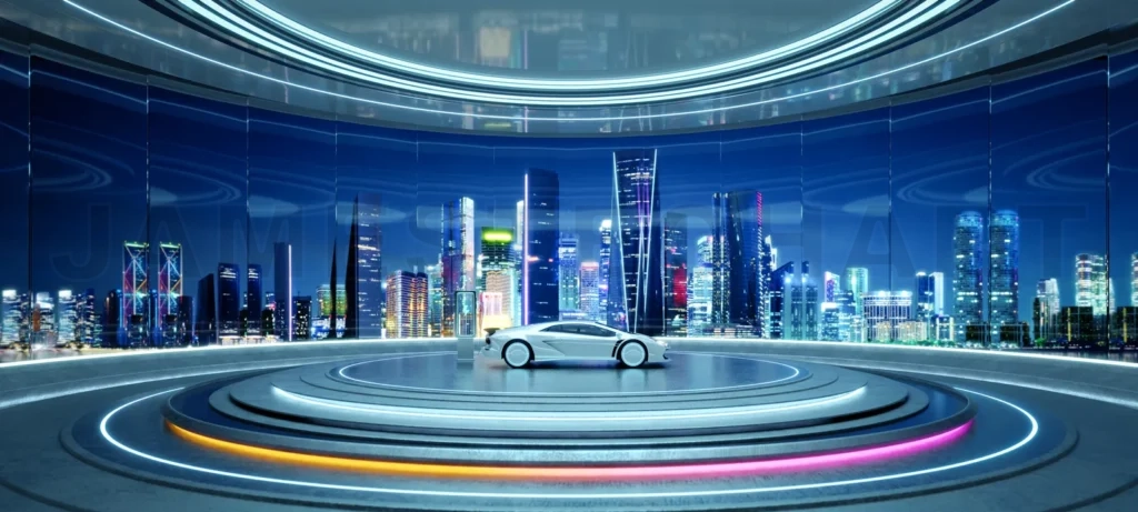 
3D Futuristic cityscape with electric car