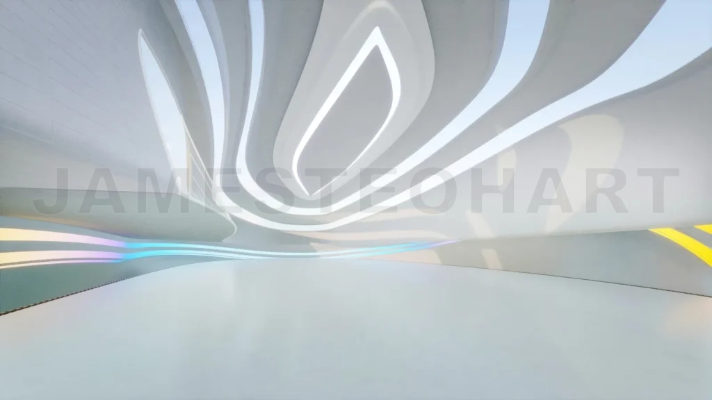 
Abstract white building with curved walls and colored lights 3d rendering