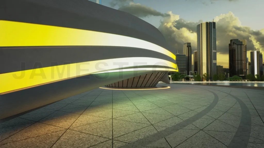 
Futuristic building lighting up at sunset in a modern city 3d rendering
