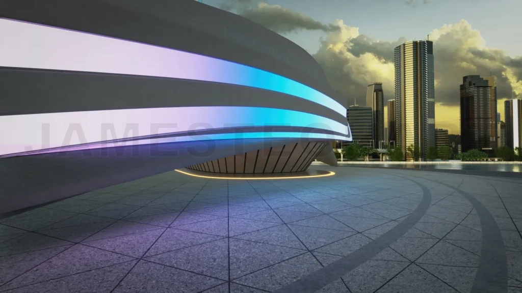 
3d rendering of a modern building with illuminated exterior at twilight