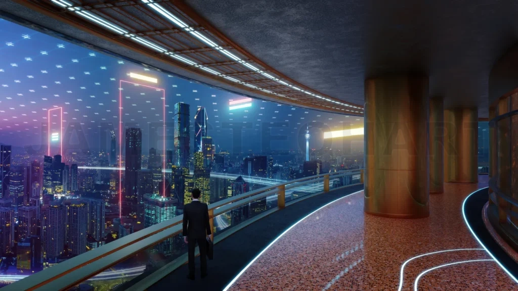 
Businessman looking at futuristic cityscape with augmented reality buildings at night 3d rendering