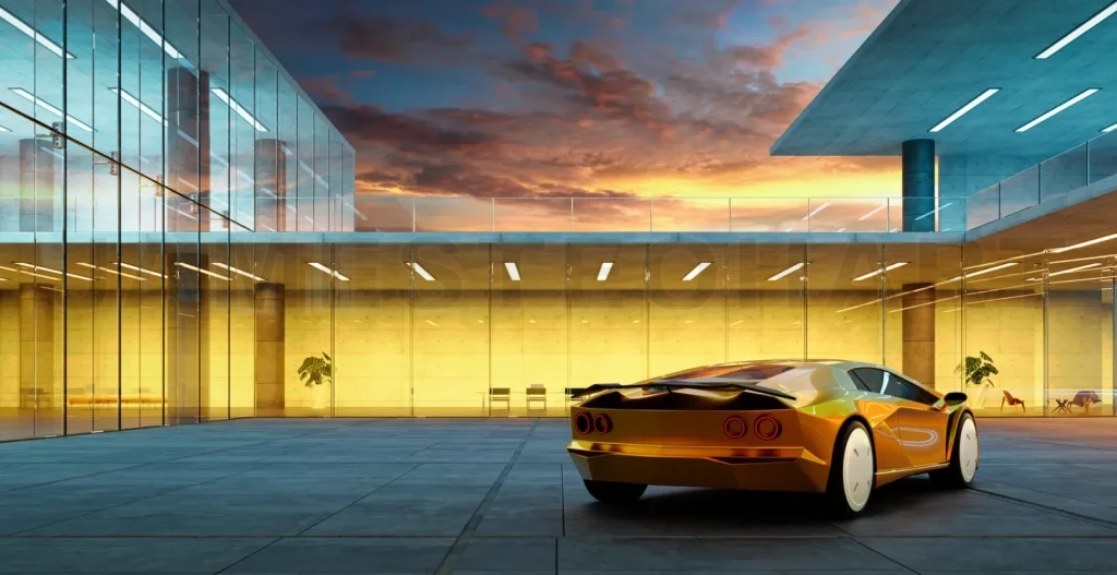 
Electric sports car parked in the center of modern glass facade