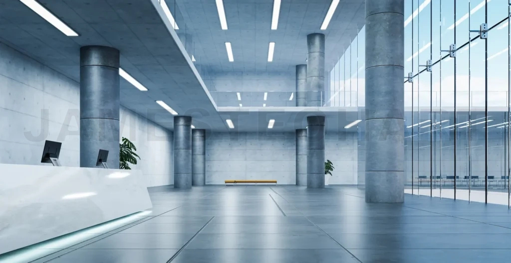 
Modern glass wall commercial buildings reception lobby hall