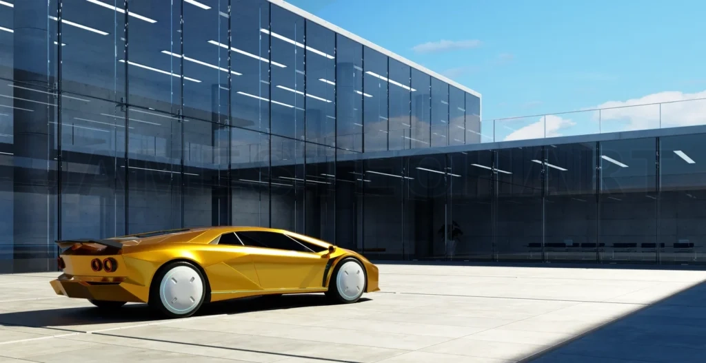 
Electric sports car parked in the center of modern glass facade