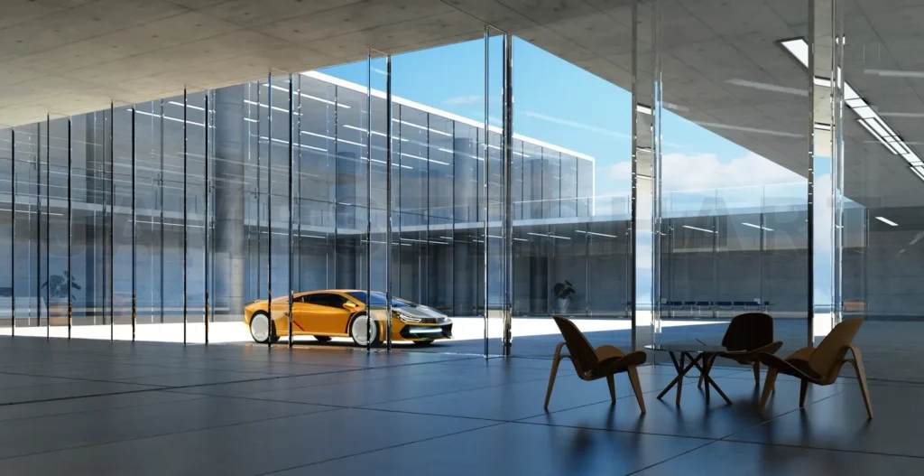
Electric sports car parked in the side of modern glass facade wa