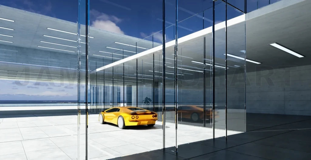 
Electric sports car parked in the center of modern glass facade