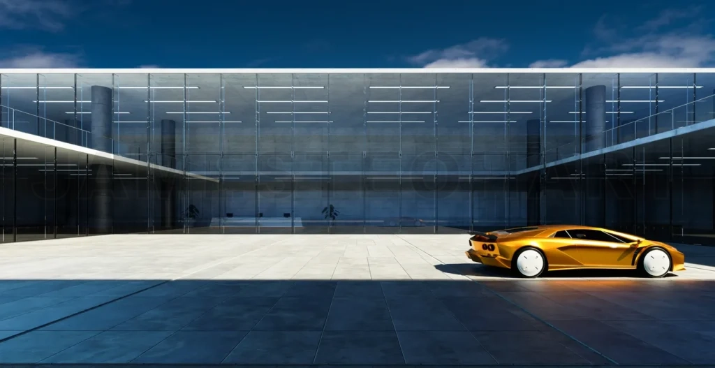 
Electric sports car parked in the center of modern glass facade
