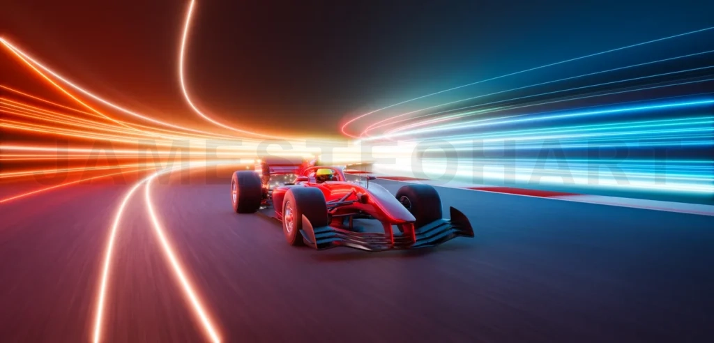 
3d rendering red racing car speeding on illuminated track at night