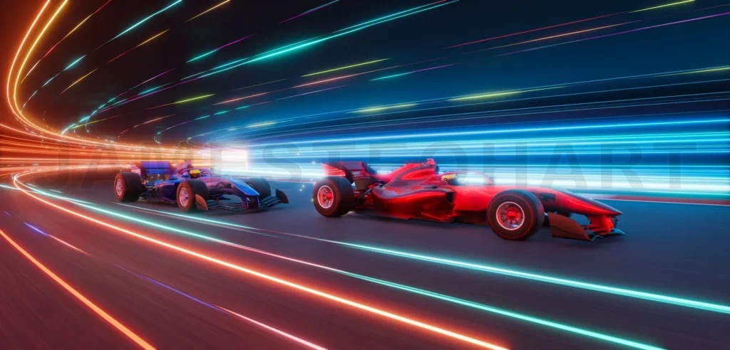 
3d rendering racing cars racing on futuristic illuminated track at night