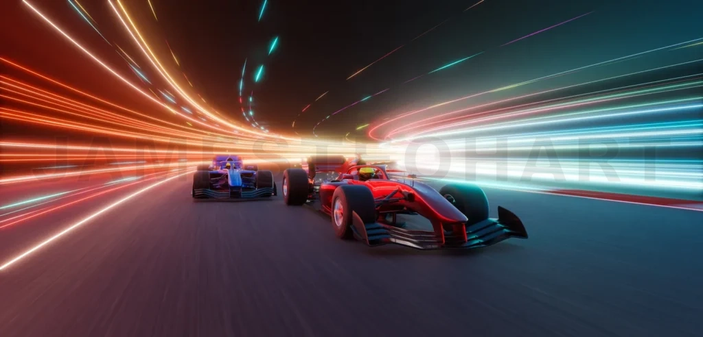 
3d rendering racing cars speeding on futuristic track with light trails