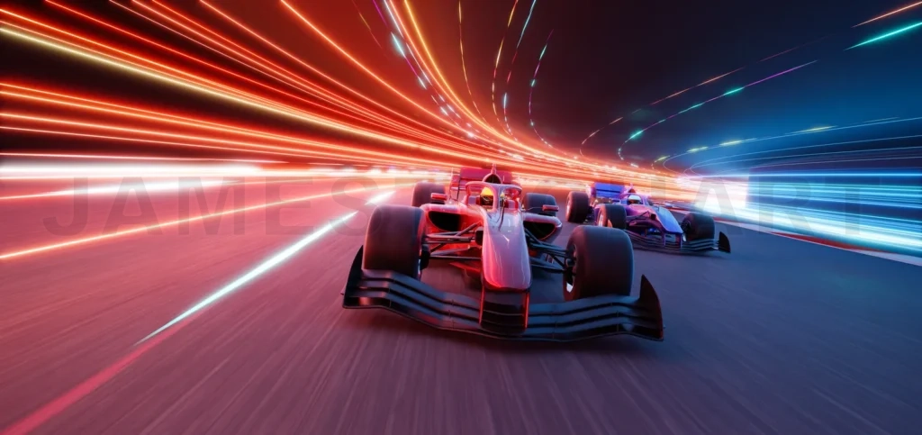 
3d rendering racing cars racing on futuristic illuminated track at night