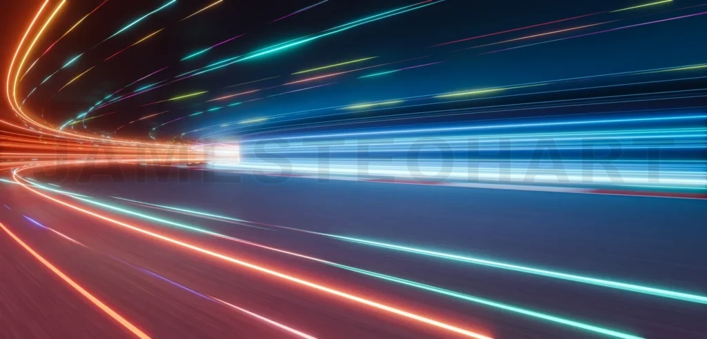 
3d rendering light trails illuminating a futuristic racing circuit at night