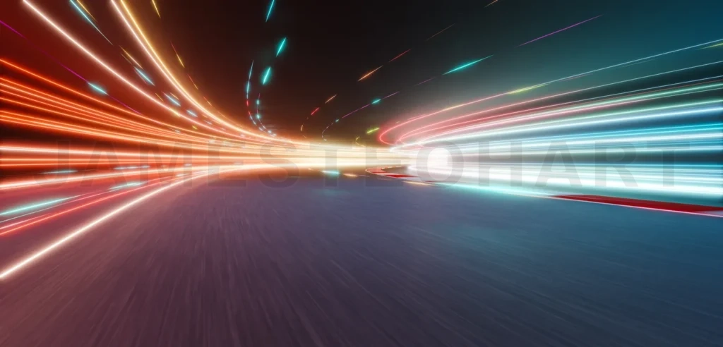 
3d rendering fast moving lights illuminating racing track at night