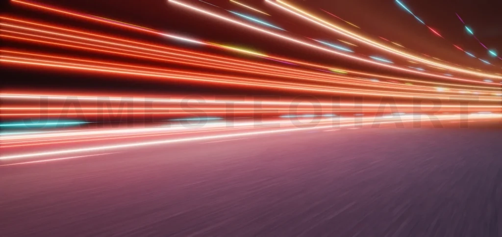 
3d rendering colorful light trails streaking across dark background with fast motion effect