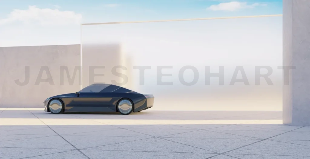 
3d rendering futuristic autonomous car parked in modern minimalist architectural space