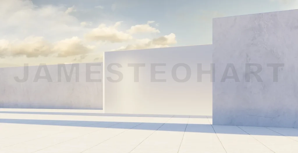 
3d rendering white concrete walls surrounding empty space under cloudy sky