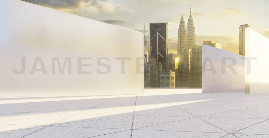 
3d rendering frosted glass and concrete walls overlooking kuala lumpur skyline at sunset
