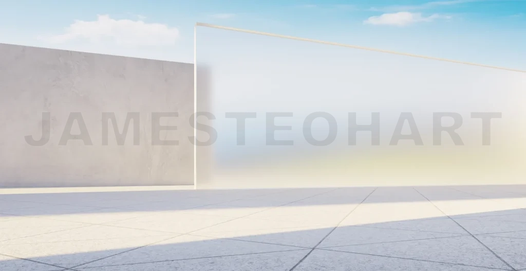 
3d rendering modern empty showroom with concrete and glass walls displaying products under blue sky