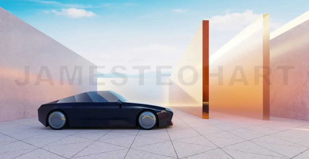 
3d rendering futuristic car parked in modern architectural space with glass walls
