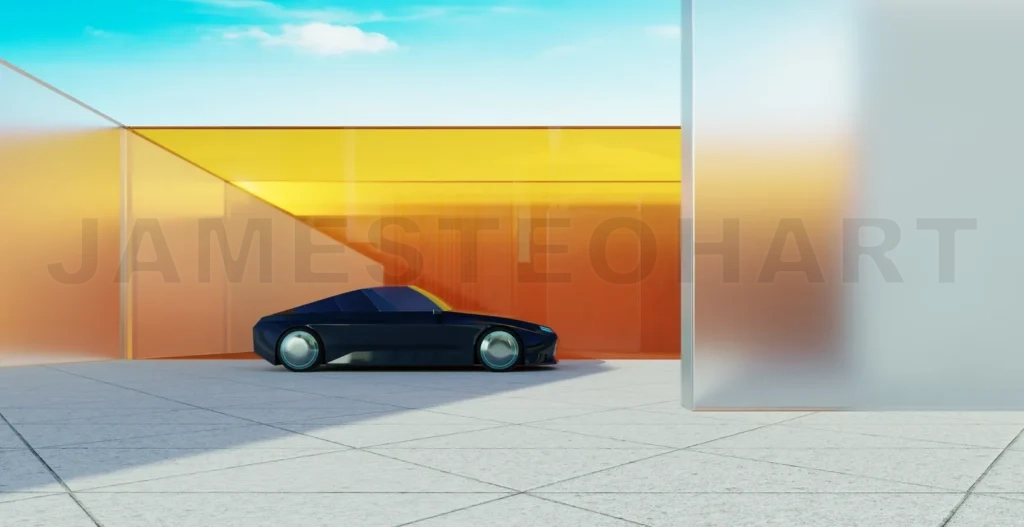 
3d rendering futuristic car parked in modern architectural space