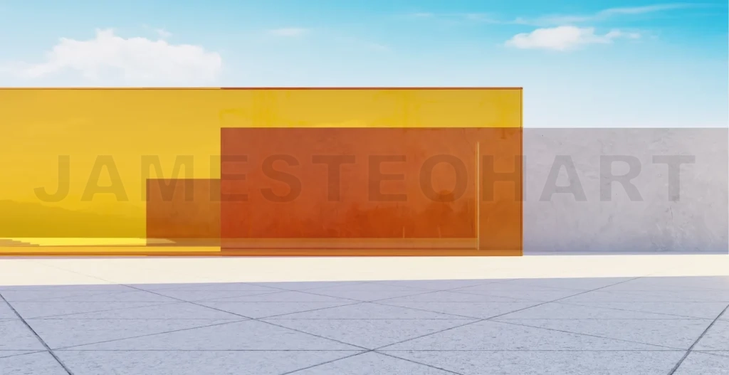 
3d rendering modern architecture exhibiting orange and yellow glass panels under blue sky