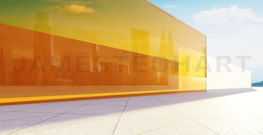 
3d rendering modern building reflecting city skyline at sunset