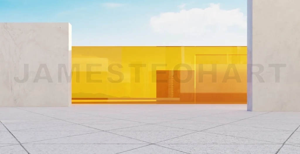 
3d rendering modern architecture showcasing orange glass facade and concrete walls under blue sky