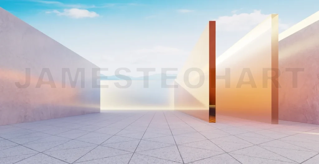 
3d rendering modern empty showroom with concrete and glass walls reflecting sunlight