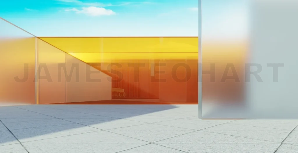 
3d rendering modern glass building reflecting sunlight on tiled floor