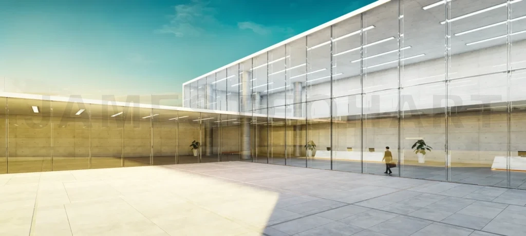 
3D Modern office building exterior with glass facade