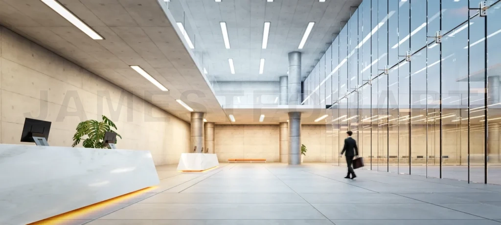 
3D Modern corporate lobby interior with motion blur businessman