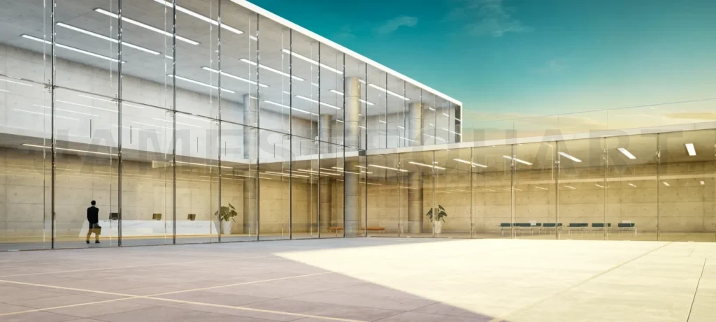 
3D Modern office building exterior at sunset