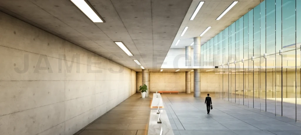 
3D Modern corporate architecture with walking businessman