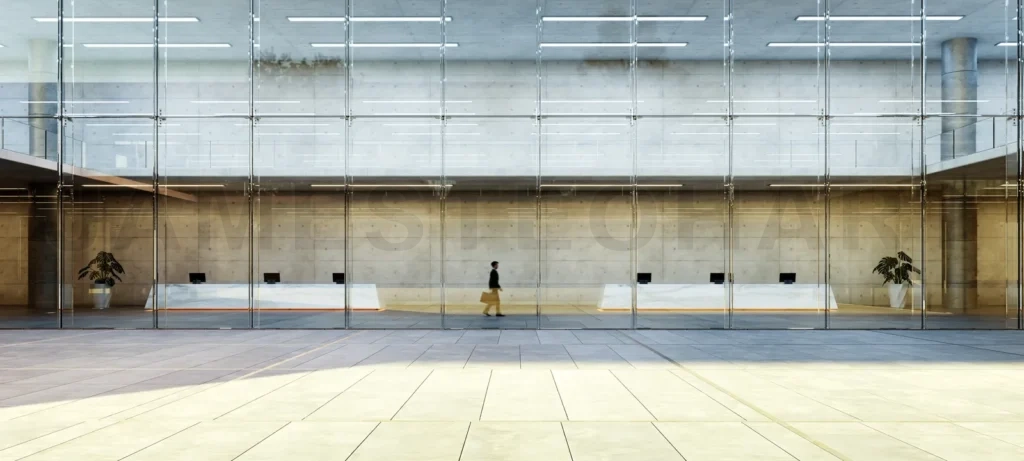 
3D Solitary figure walking by modern building facade