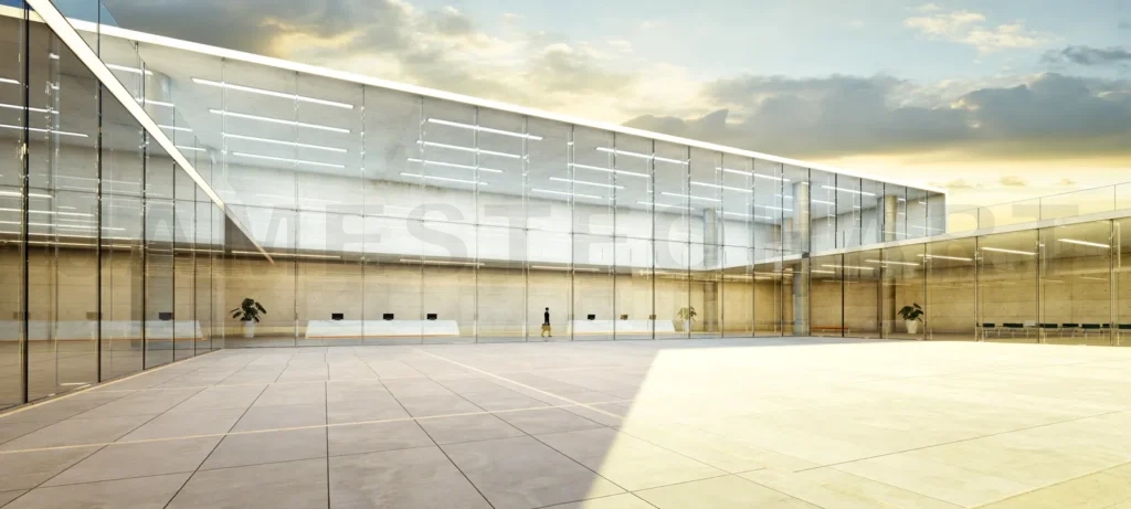 
3D Modern office building exterior at sunset