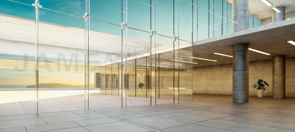 
3D Modern glass wall office interior overlooking seaside