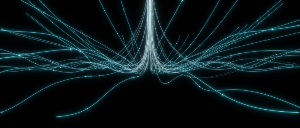 
3D rendering glowing lines converging into central beam of light on black background