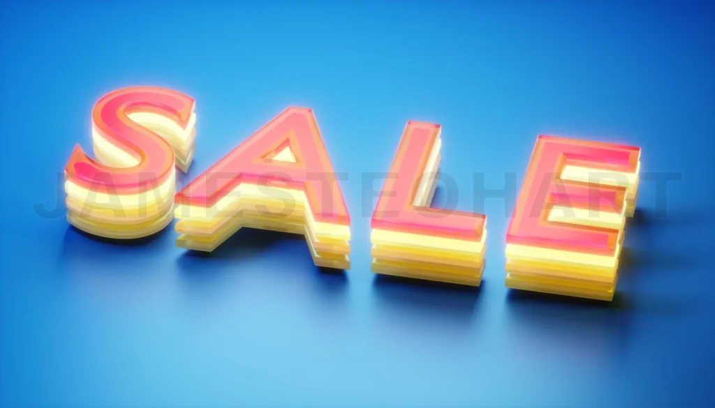 
3d rendering glowing red and yellow layered sale sign on blue ba