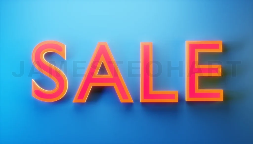 
3d rendering glowing red and yellow layered sale sign on blue ba