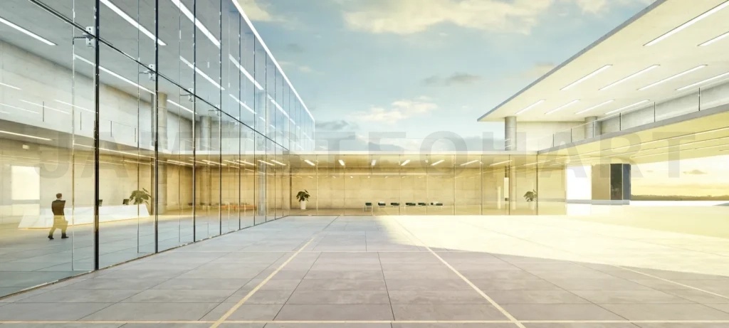 
3D Modern corporate building plaza at sunset