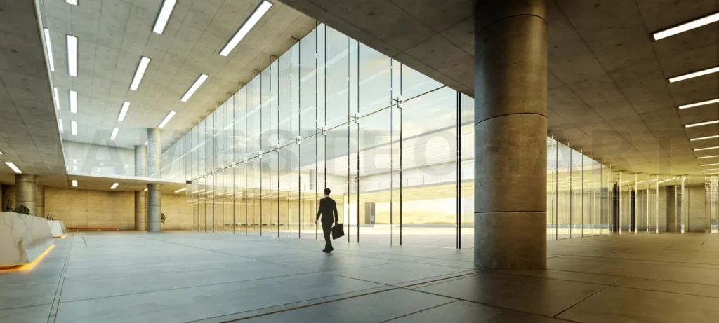 
3D Businessman in modern office lobby