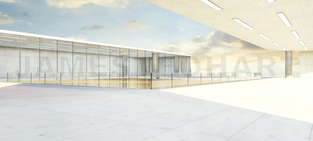 
3D Modern architectural design of an open plaza with sky