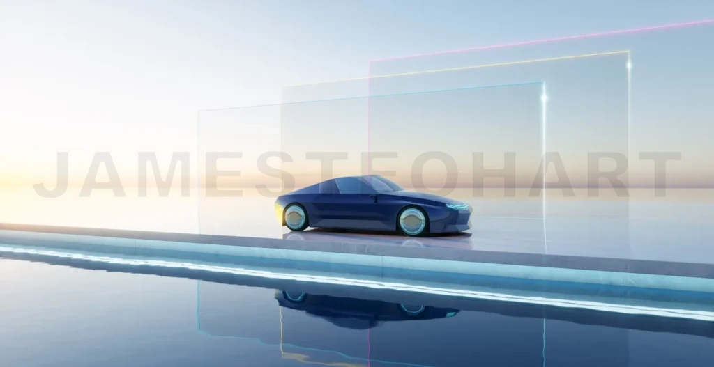
3d rendering futuristic car parked by infinity pool reflecting vibrant sunset through glass walls