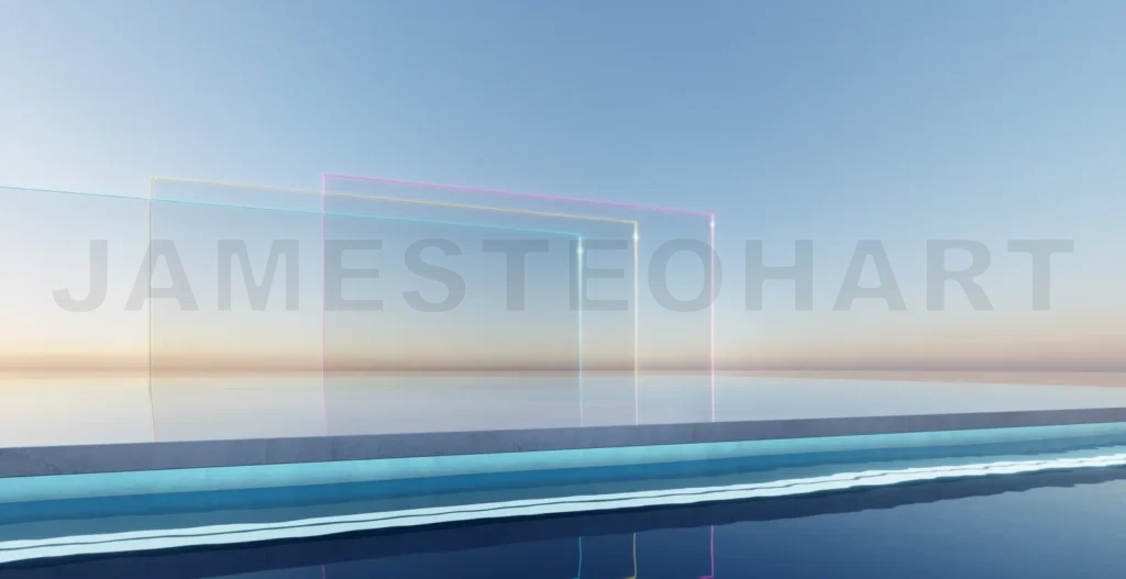 
3d rendering glass walls emerging from infinity pool reflecting vibrant sunset sky