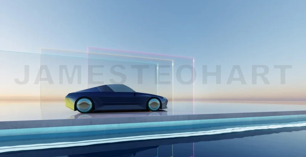 
3d rendering futuristic car parked by a lake with neon lights and glass walls at sunset